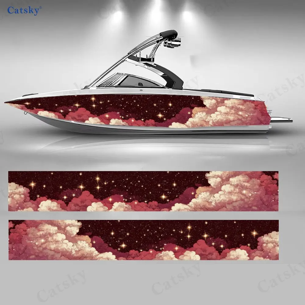 Stars Falling on Crimson Clouds Boat Stickers, PVC Waterproof Vinyl Wrap Decals for Fishing Boats, Durable and Stylish Design