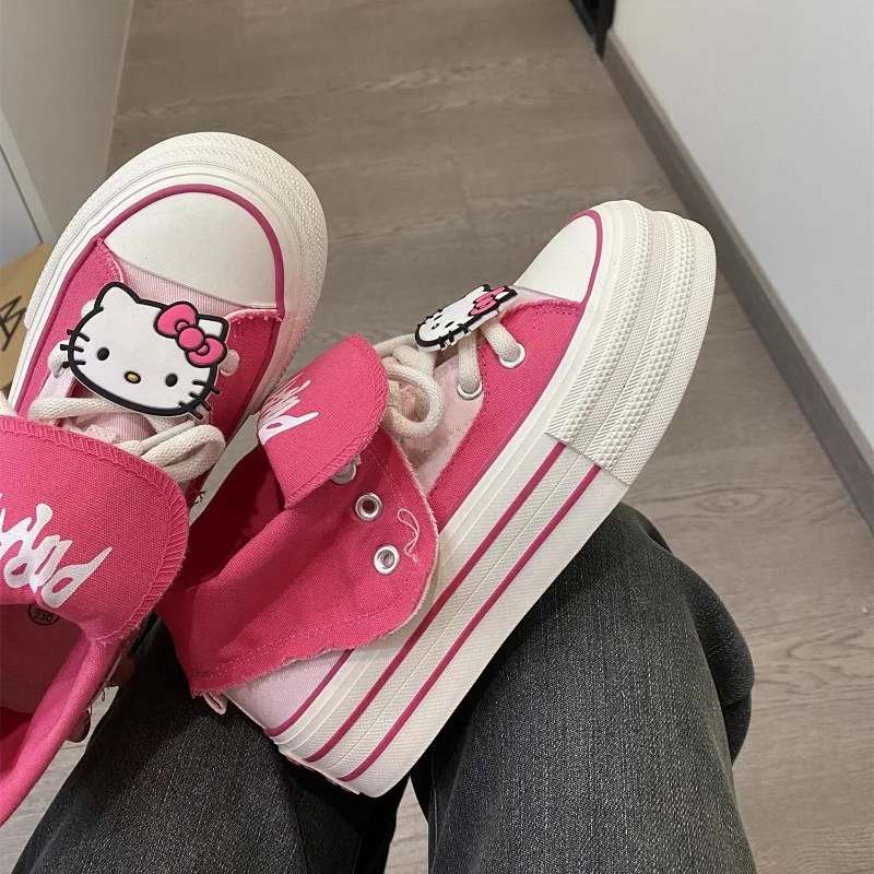 New anime Hello Kitty strappy breathable women's thick-soled non-slip wear-resistant cute casual sports high-top canvas shoes
