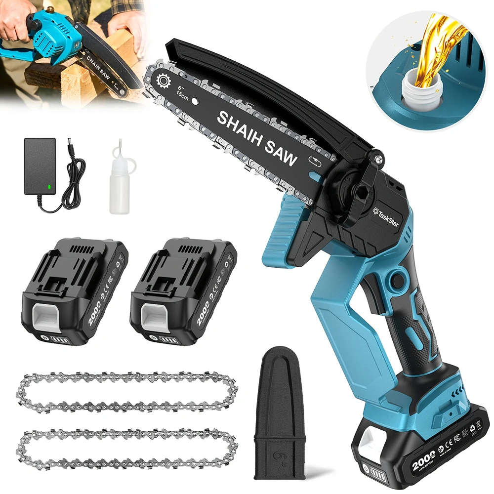 TaskStar Mini 6-Zoll-Kabellose Elektrosäge für Trimmen Zweig Handheld-Kettensäge mit 2 2.0Ah Batterien & Auto Ölung für Holzschneiden (Fit Makita 18V Batterie Pin)