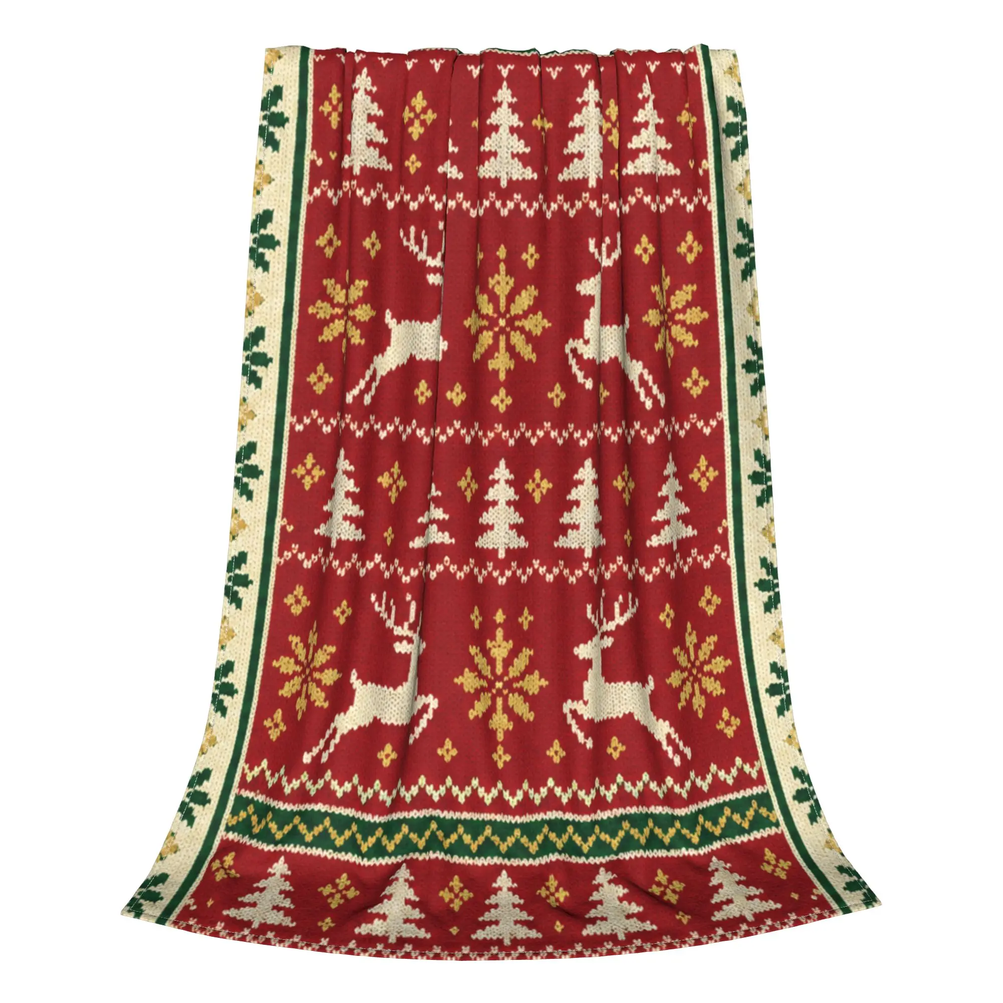 1PC red green reindeer snowflake sweater Cozy Christmas Quilt Print  Winter Blankets for Adults Bedding Home Interior Sofa Knee