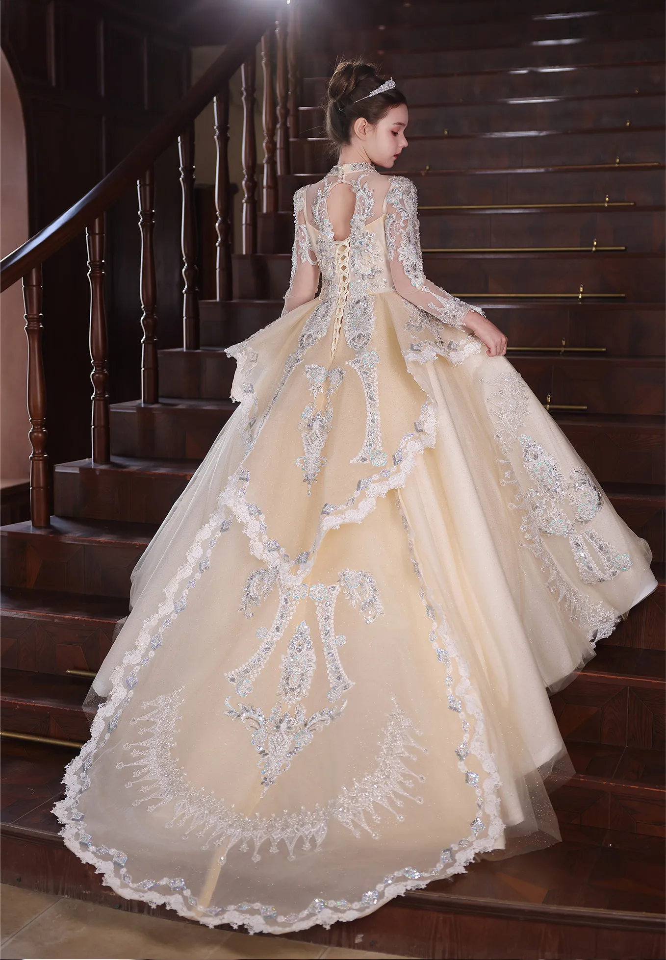 Jill Wish J050 Luxury Champagne Girls Flower Girl Dresses Long Sleeve Lace Sequin Kids Wedding Party Gown Princess Pageant
