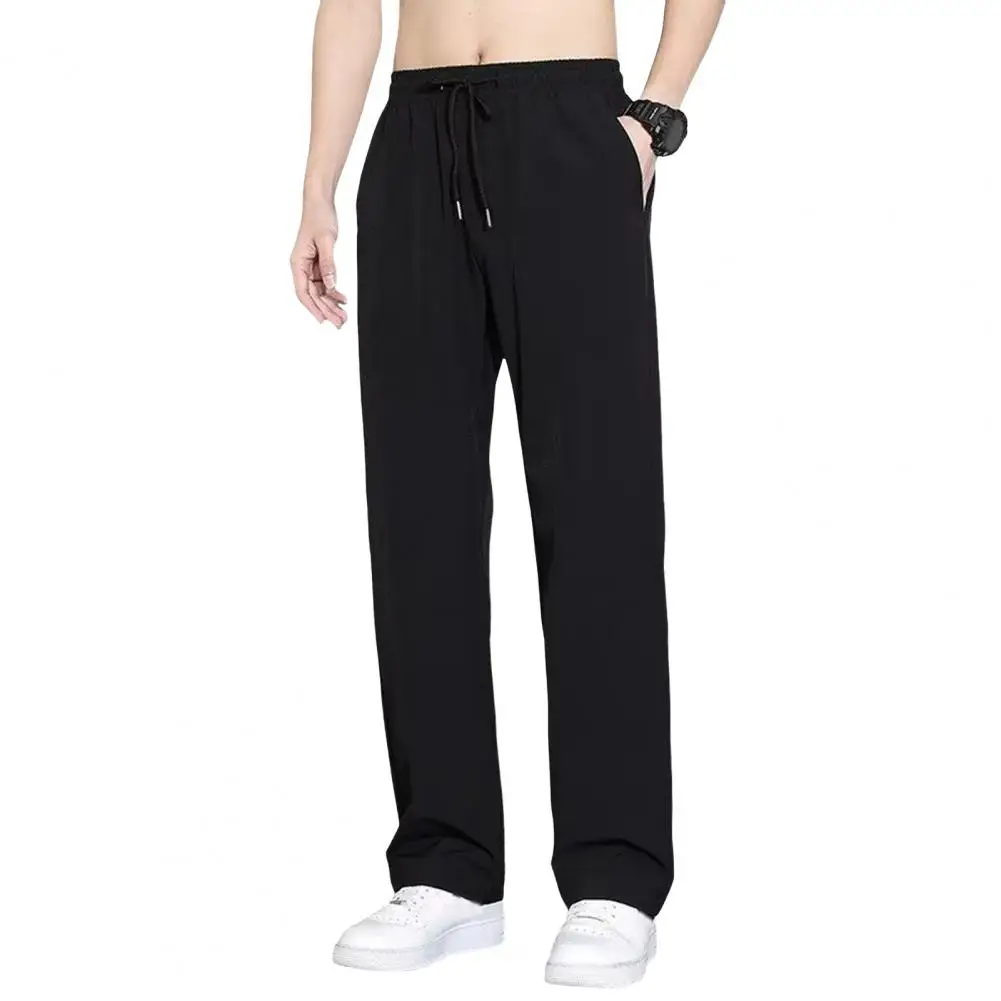 Men Casual Trousers Quick-drying Men's Sport Pants with Side Pockets Drawstring Waist Ice Silk Fabric for Gym for Active