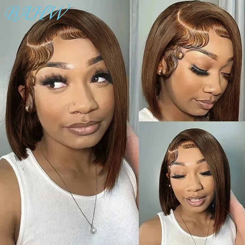 

12A Malaysia #4 Brown Straight Short Bob Wig 100% Human Hair Wig Chocolate Glueless Wig Virgin Hair For Black Women