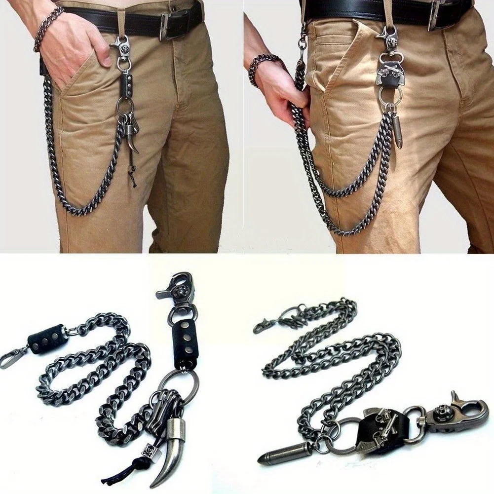 Adjustable Punk Waist Chains For Men - 2-Line Hip Hop Skull Accessory Chains With Metal Links - Gothic Pants Chains & Edgy Fashi