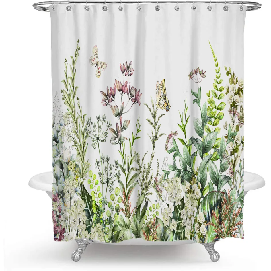 Tenda da doccia con foglie di piante verdi, tessuto floreale, poliestere impermeabile, accessori per il bagno, decorazione per schermo da bagno per