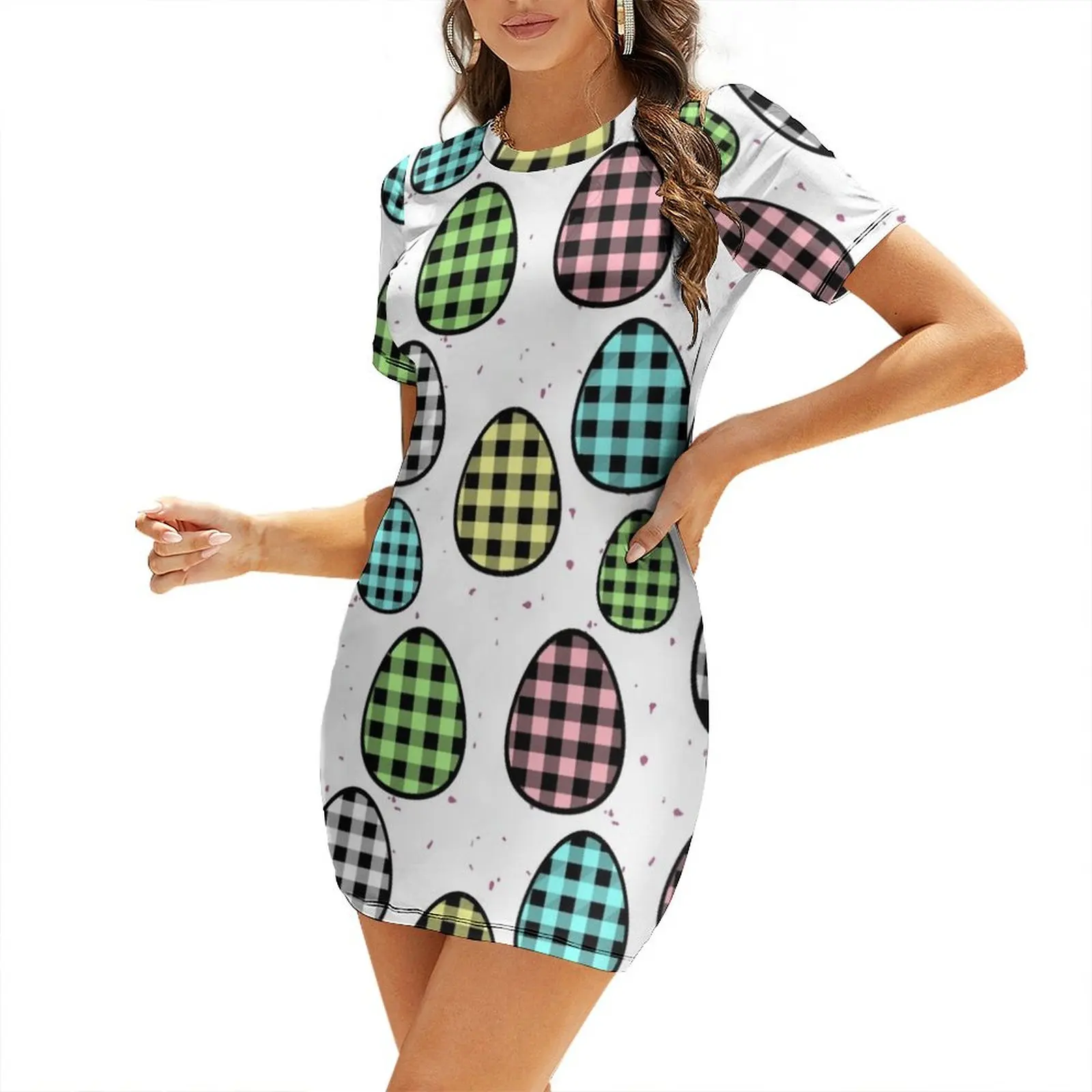 

Plaid Easter Egg Pattern Short-Sleeved Dress Dress vintage birthday dress for women Womens dresses
