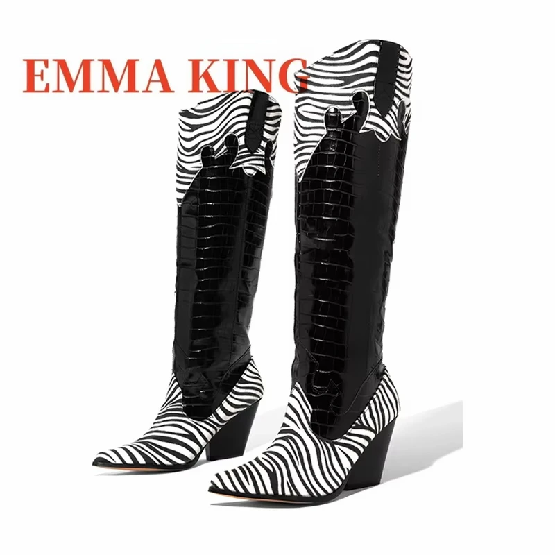 

Ботинки до колена с крокодиловым принтом, заостренный носок, ковбойские сапоги с зебровым принтом, на массивном каблуке, в стиле вестерн, с полосками, для женщин