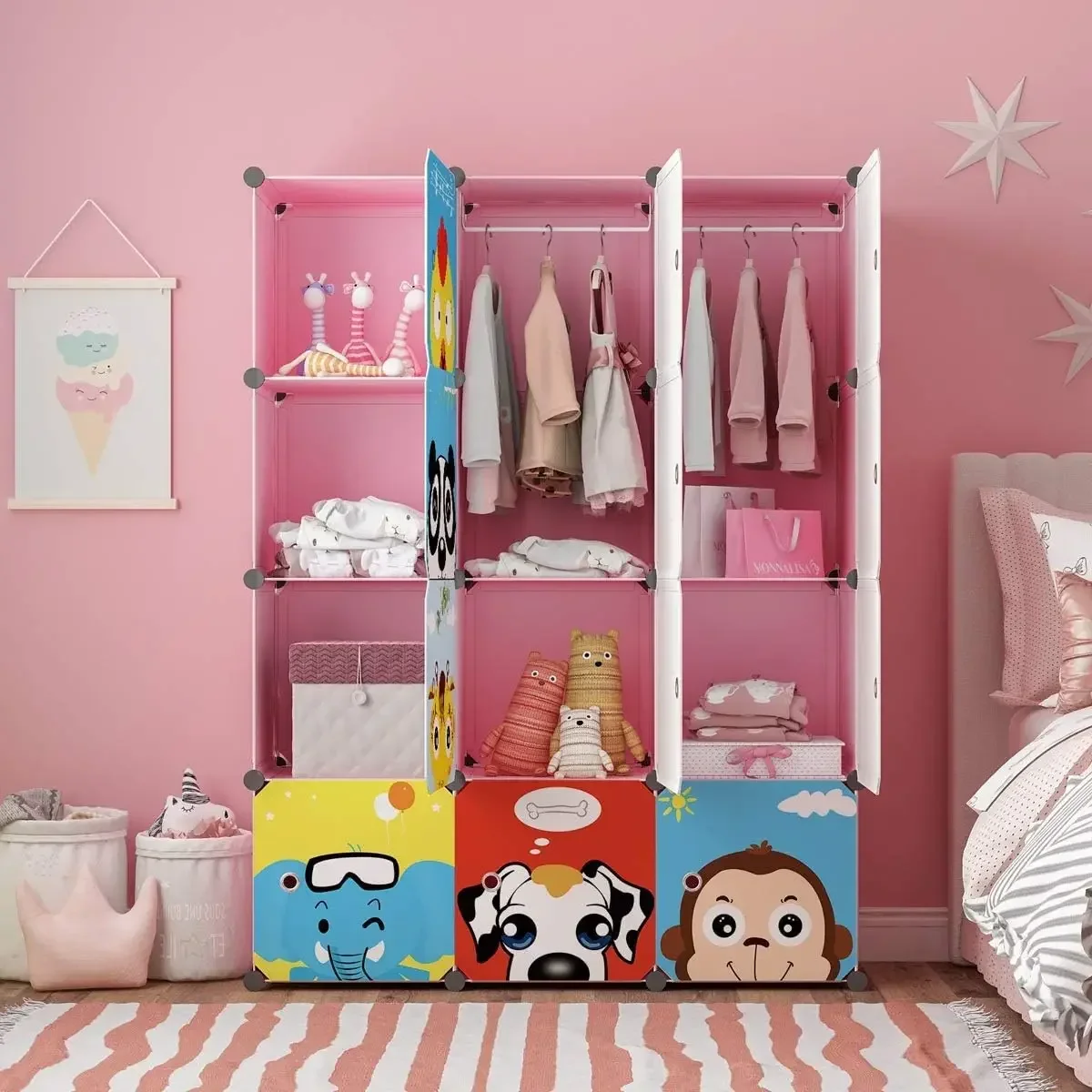 Children Wardrobe Kid Dresser Cute Baby Portable Closet Bedroom Armoire Clothes Hanging Storage Rack Cube Organizer