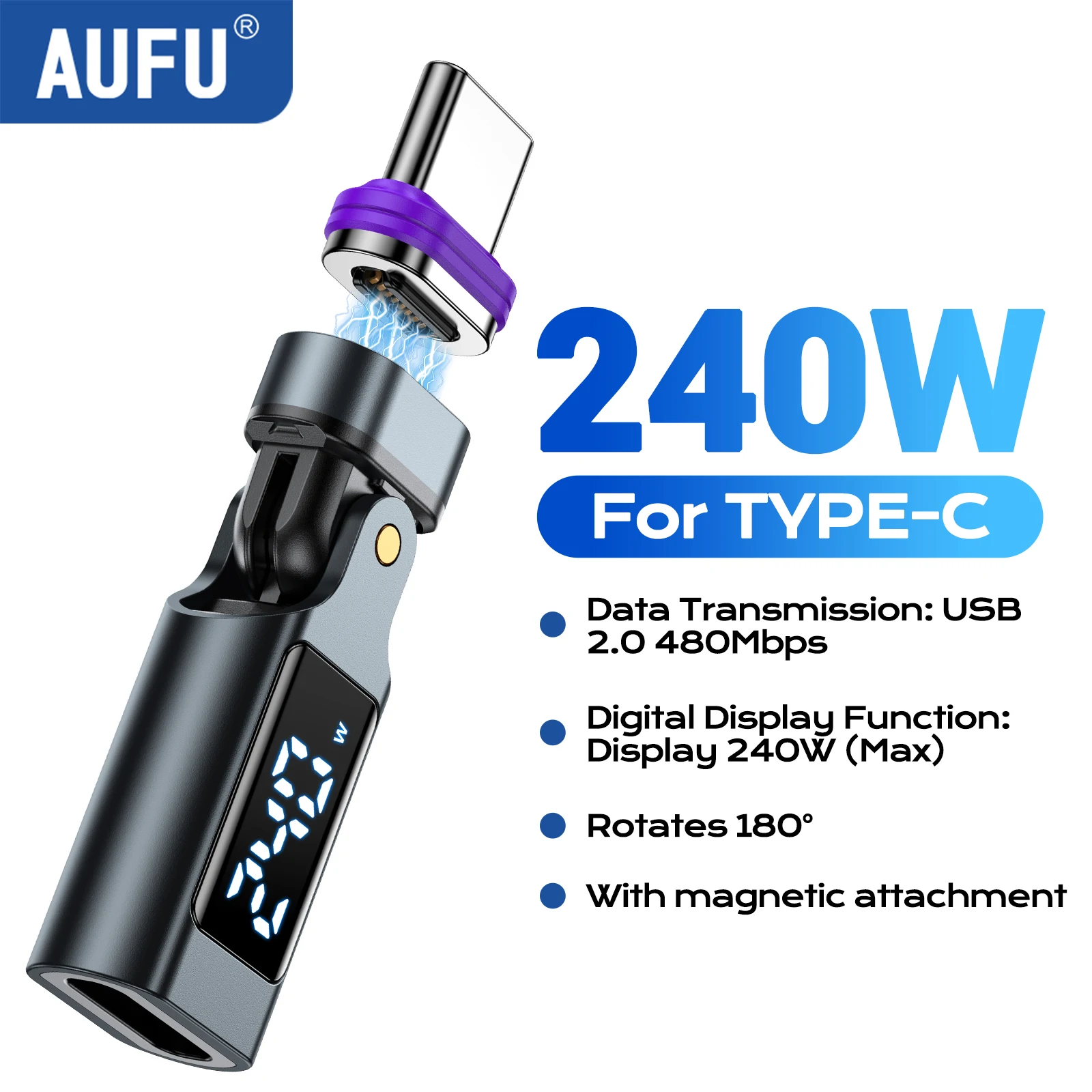 AUFU 16-PIN Digitaler Magnetischer USB-C zu Typ-C Adapter PD 240W Schnellladung USB-C Buchse OTG Konverter für iPhone Samsung