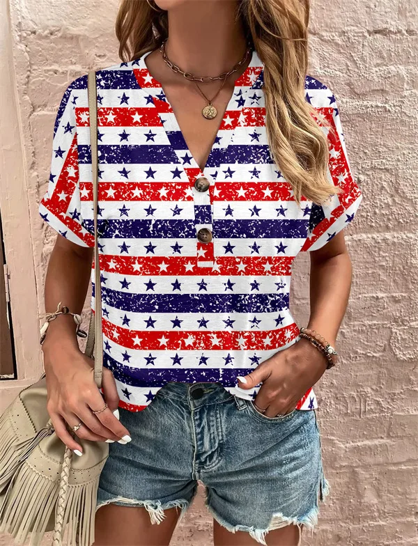 Nowa letnia moda damska koszulka z nadrukiem z dekoltem w kształcie litery V damska koszulka Harajuku modny guzik z krótkim rękawem Top luźny