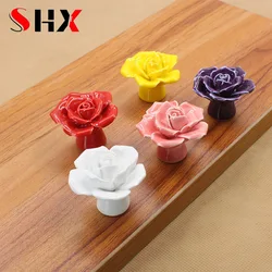 Rose Ceramic Cabinet Handles for Closet Drawer Cupboard Pulls Bathroom Door Knobs Furniture Kitchen Handle white red purple