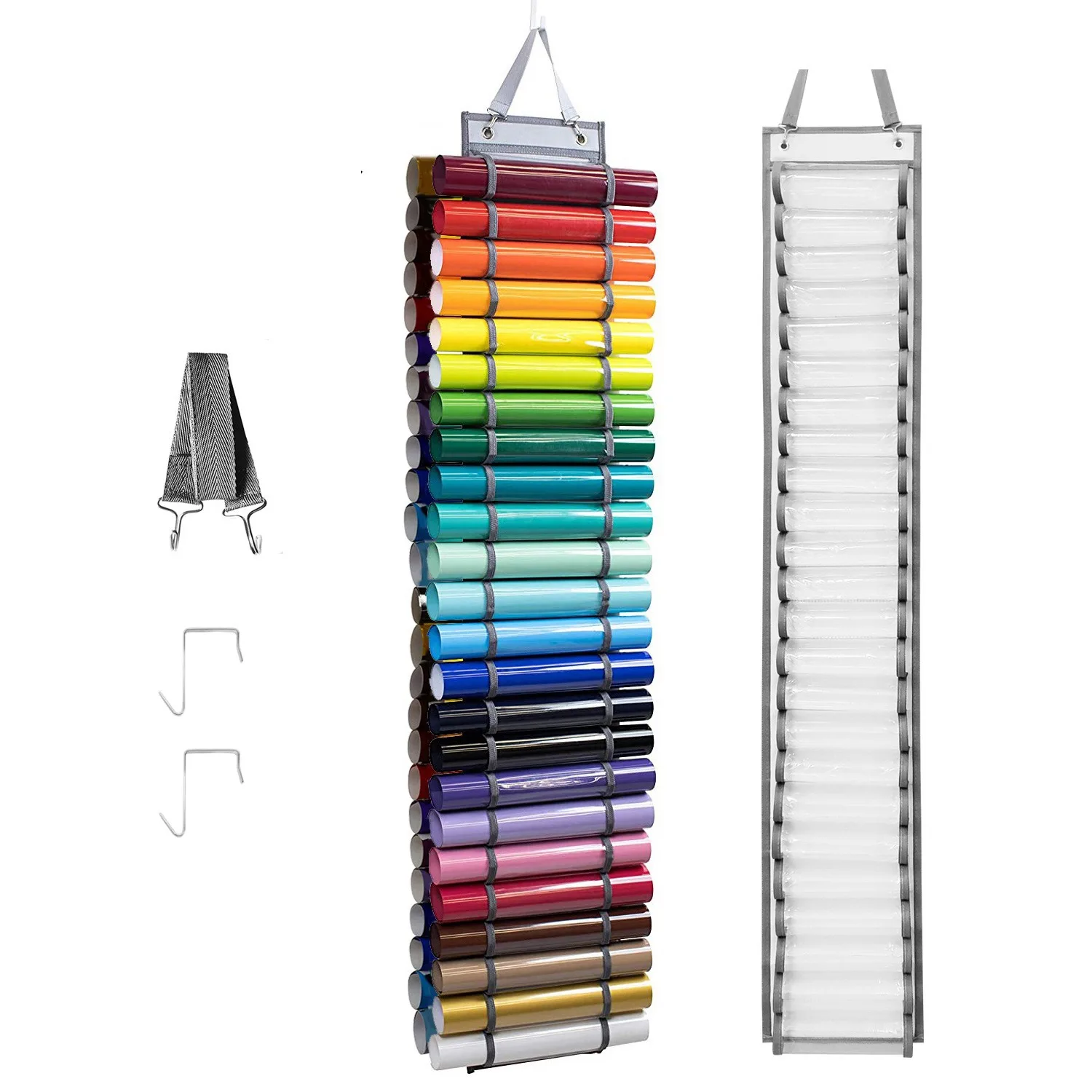 48 Roll Compartments Vinyl Storage Organizer,Wall Mount Vinyl Roll Holder with Door Hooks and Strap Craft Room Organizer