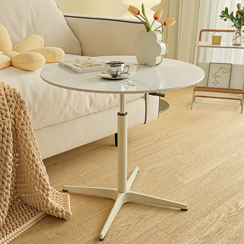 Cream Style Iron Lift Coffee Table Round Side Table For Small Apartment Living Room Balcony Sturdy Durable Thick Top Furniture