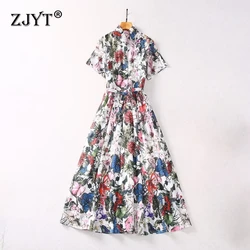 ZJYT Summer Fashion Print Midi Shirt Dresses for Women Short Sleeve Ruffled Collar Vintage Holiday Dress 2024 Casual Vestidos