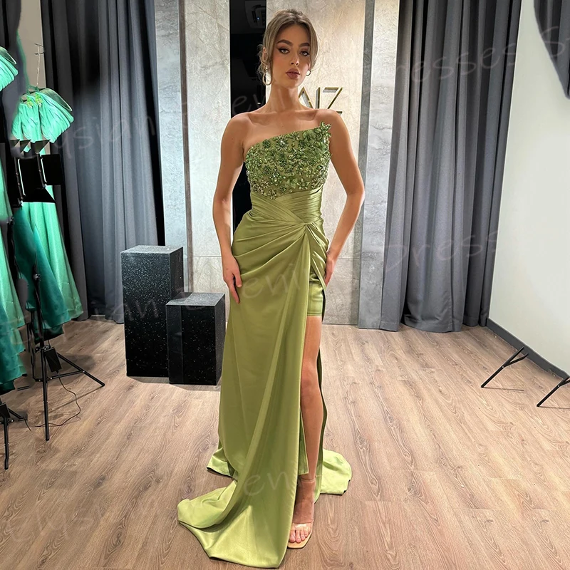 Vestido de noche clásico de sirena para mujer, traje verde sin tirantes, con cuentas, plisado lateral