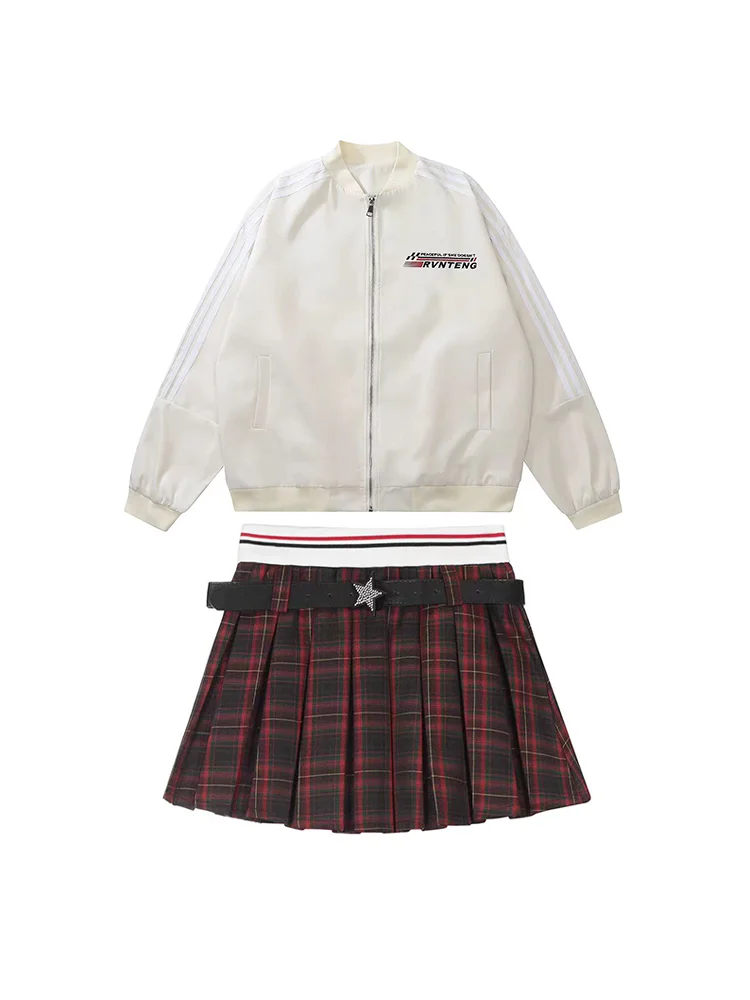 Winter Y2k New Two Piece Set Women Zipper Bomber Jacket+plaid Cake Mini Skirt Female Korean Fashion Sweet Cute Skirt Suit 2024