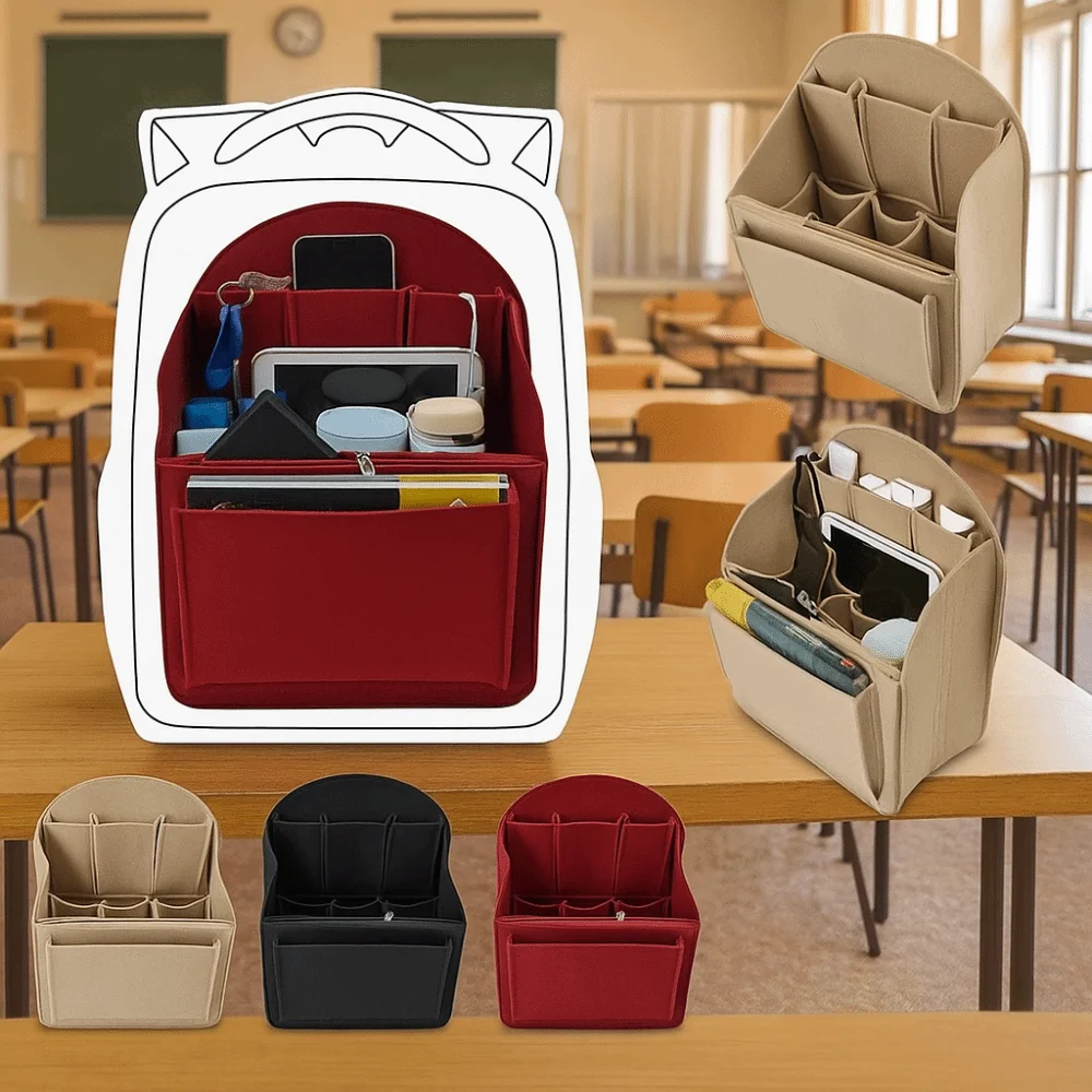Multifunctional Felt Backpack Organizer Thickened Zippered Schoolbag Liner Large Capacity Multi-layered Travel Cosmetic Bag Trip