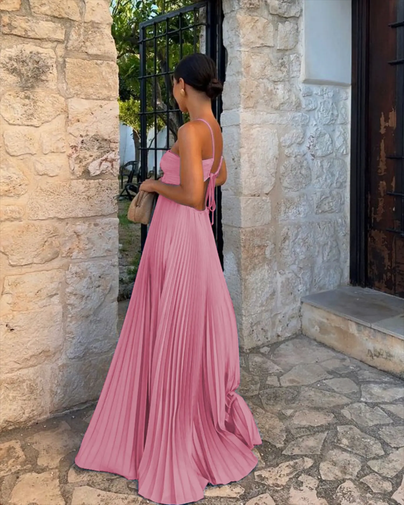 Blue Pleated Halter Long Dress Women's Solid Sleeveless Backless Lace-up Maxi Dress Summer Beach Vacation Evening Party Vestidos