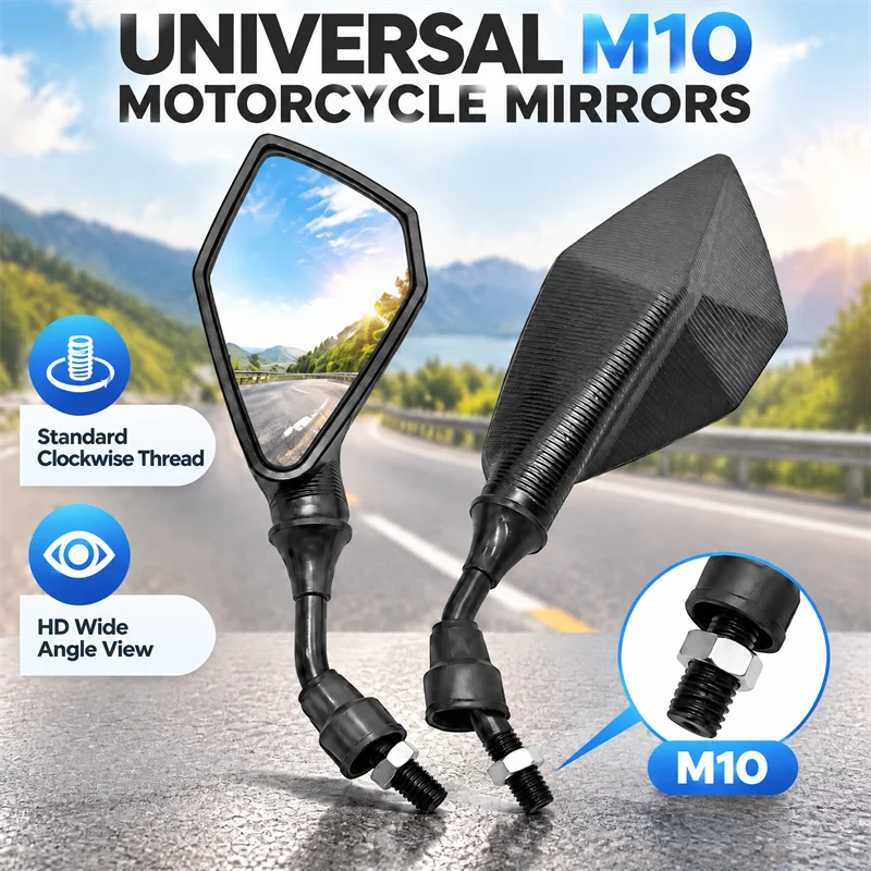 2pcs 10mm Wide Angle Adjustable Motorcycle Rearview Mirrors Flexible Bike  Side View Mirrors for Bicycle Rear View Safe