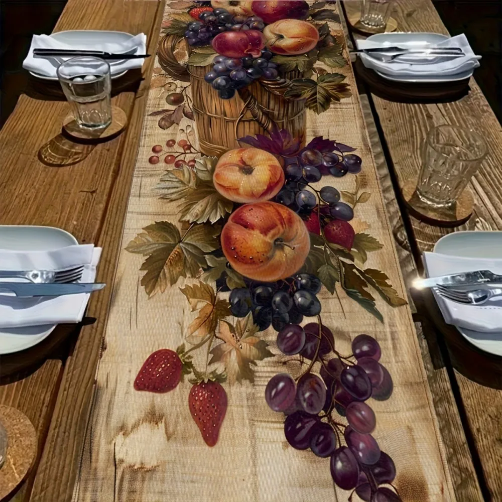 VIKAMA Herbsternte Obst-Tischläufer – Apfel-Traube-Erdbeer-Korb-Muster, dekorativ für Esszimmer, Küche, Zuhause, Party, Bankett