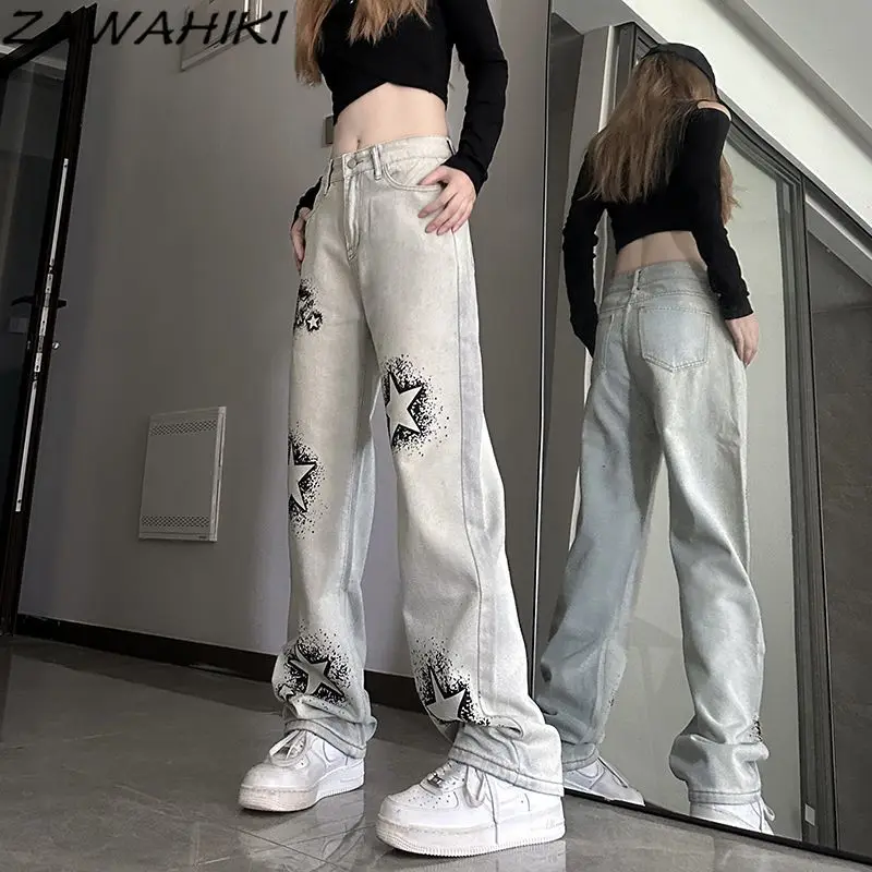 Slouchy Jeans neu ankommen American Star Print High Taille Mode alle passen gerade weites Bein lässig süße y2k Vintage Jeans hose