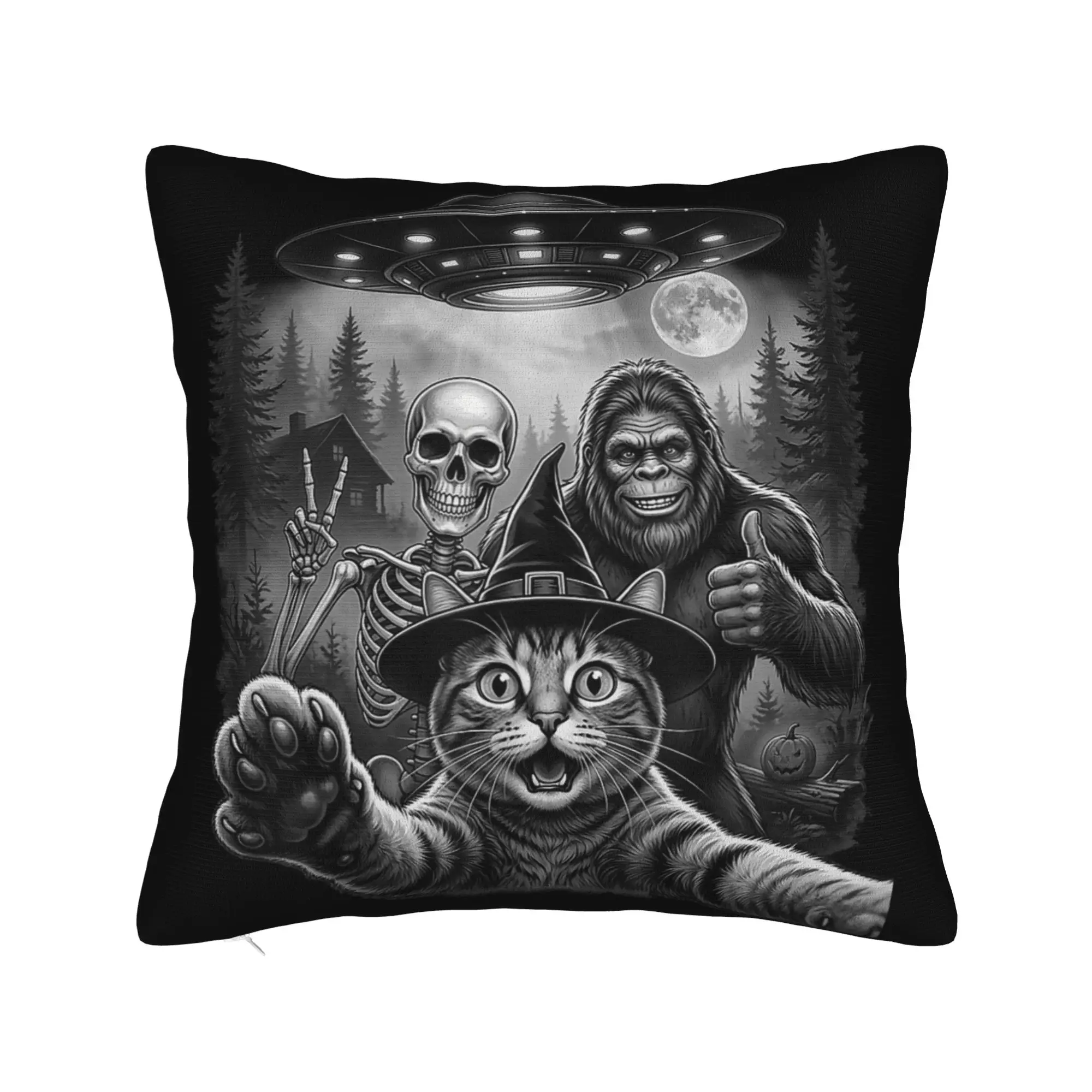 Pillow Cover Funny Selfie Cat Bigfoot Skeleton UFO Alien  Retro Trendy Pillow Case For Office Car Home Decor Pillowcases