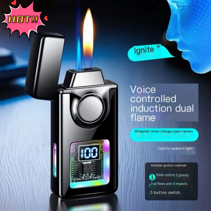 2025 Voice Controlled Ignition Gas Lighter Color Light Battery Display Open Fire Switching Jet Fire USB Electric Lighter Smoking