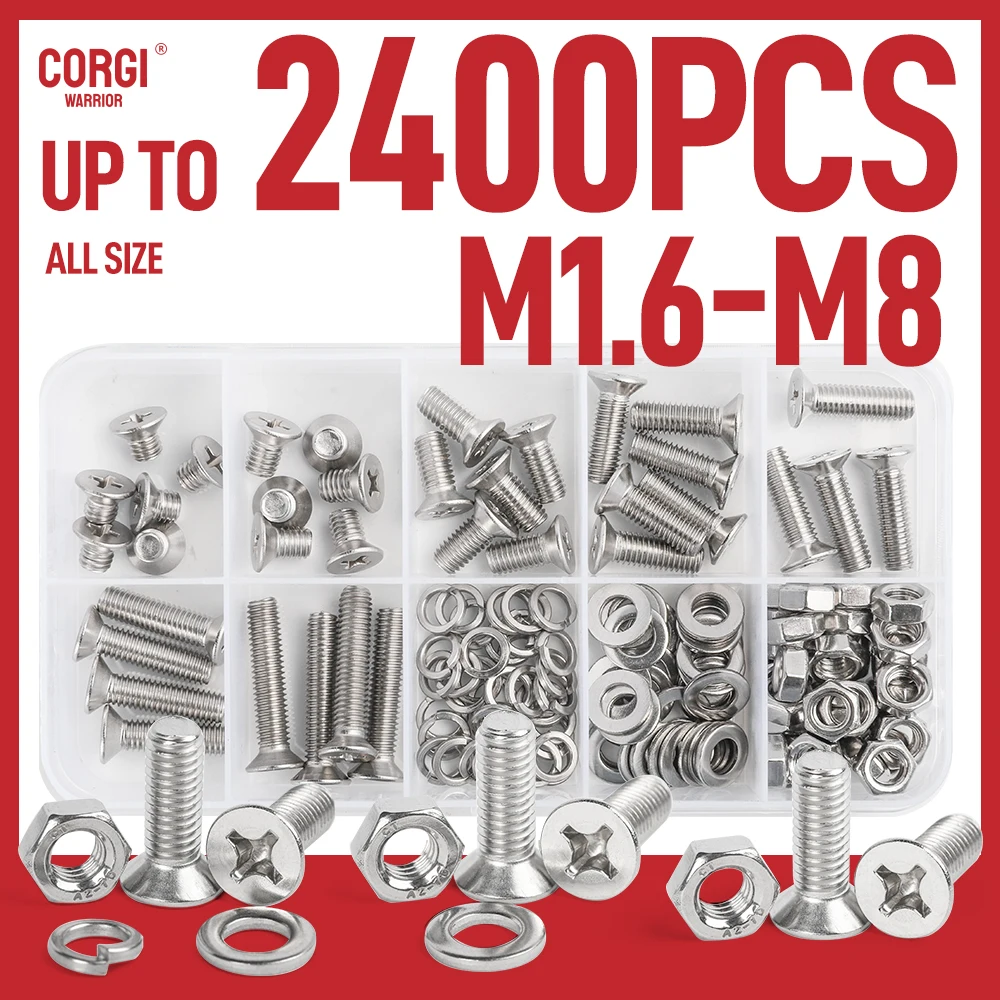 M1.6 M2 M2.5 M3 M4 M5 To M8 UNC Stainless Steel Phillips Drive Flat Head Screws Kit 2400 Machine Outlet Screw Case with Nuts