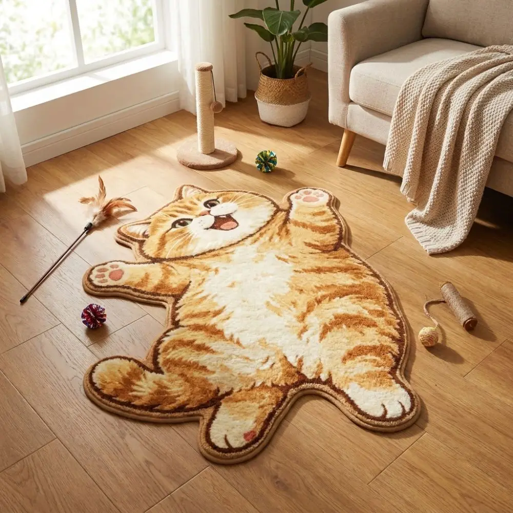 Cute 2D Cat-Shaped Area Rug Non-Slip Easy to Clean Home Decor Carpet Anti-fouling Cartoon Carpet Living Rooms