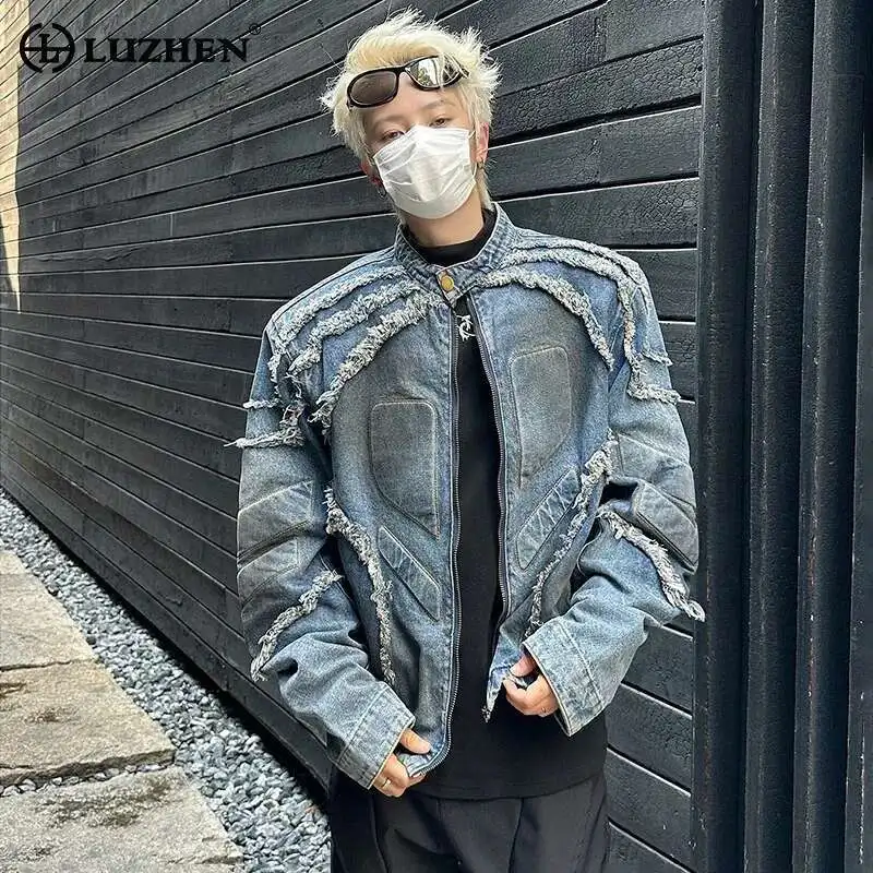 LUZHEN 2025 American Tassel Burr Shoulder Pad Motorcycle Jacket Wornout Personalized High Street Short Denim Top Men LZ8149