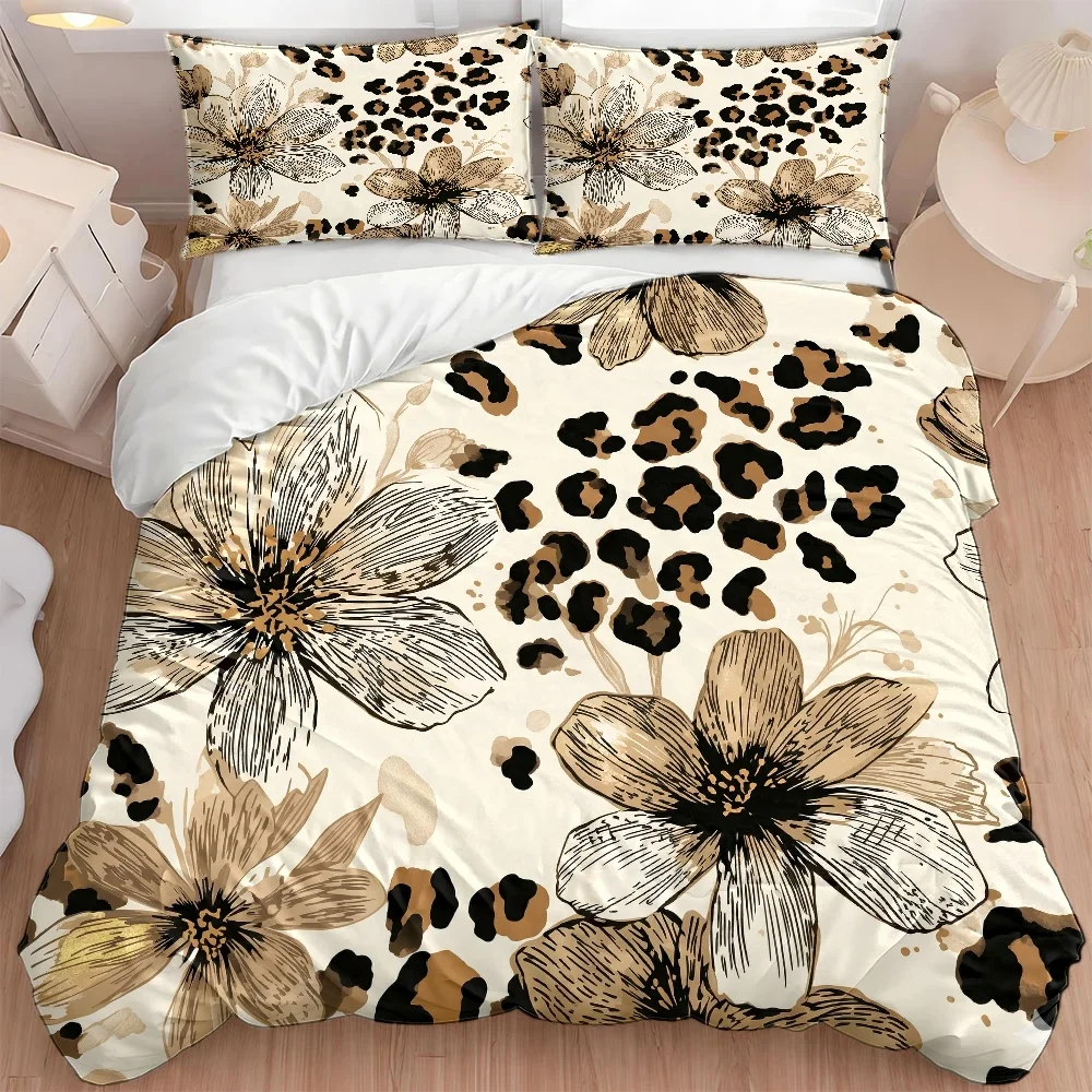 Luxury Skincare Design - 3Pc Leopard Print Floral Duvet Cover