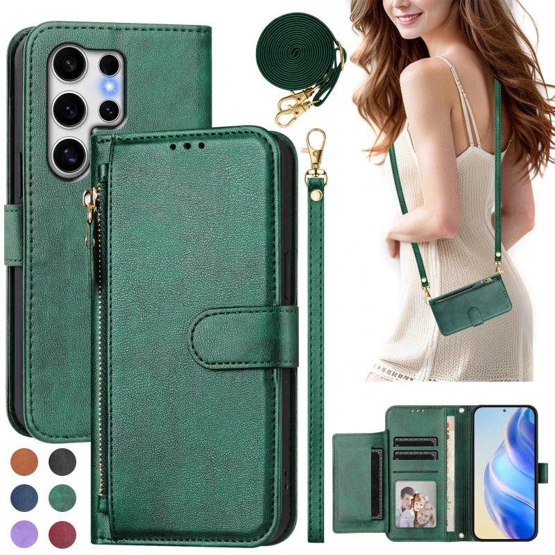 Wireless Charging Lanyard Leather Phone Case for Samsung Galaxy S25 Edge S24 Ultra S23 Plus S22 S21 S20 FE S10 Note 20 Cover Bag