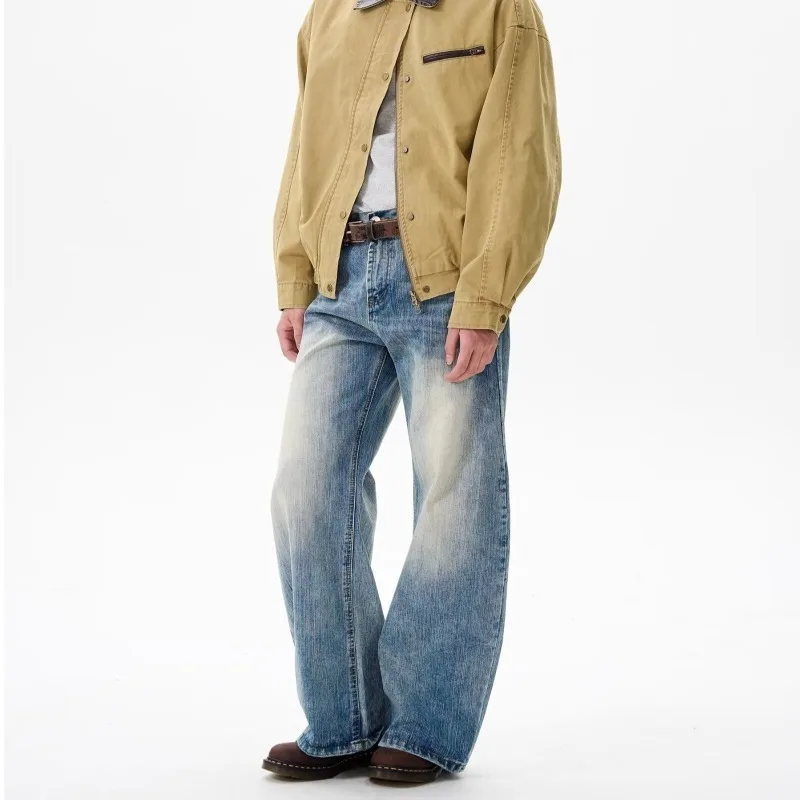 Celana Jeans Pria Motif Bambu Amerika Retro, Model Longgar Pinggang Tinggi Kaki Lurus, Celana Bent Knife Trendi untuk Pasangan, Celana Denim Kasual