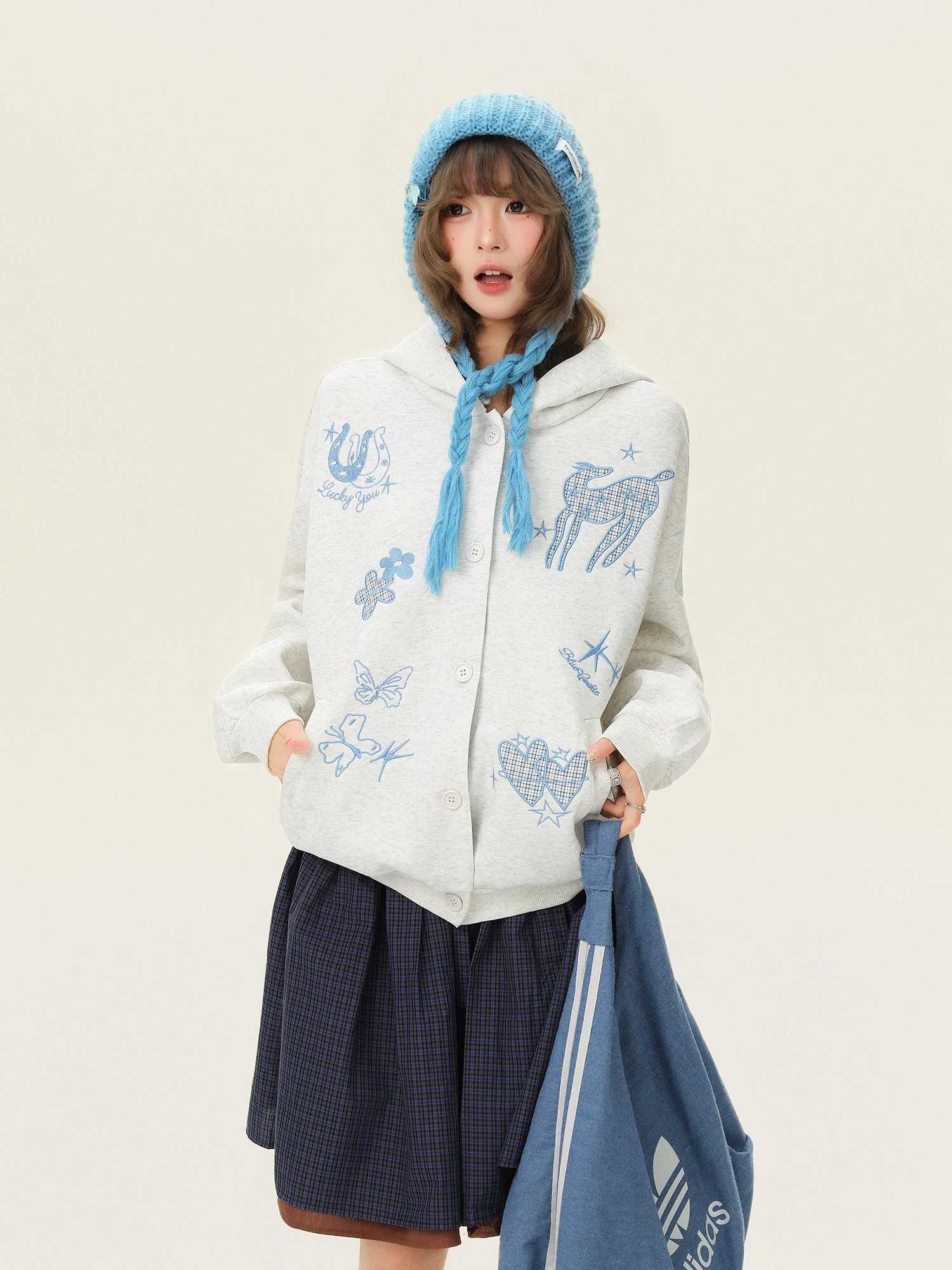 Early Spring Light Colored Sweet Plaid Embroidery Hoodie Women's Casual Loose Cardigan Outerwear PU Cookie Style Polyester - view 3