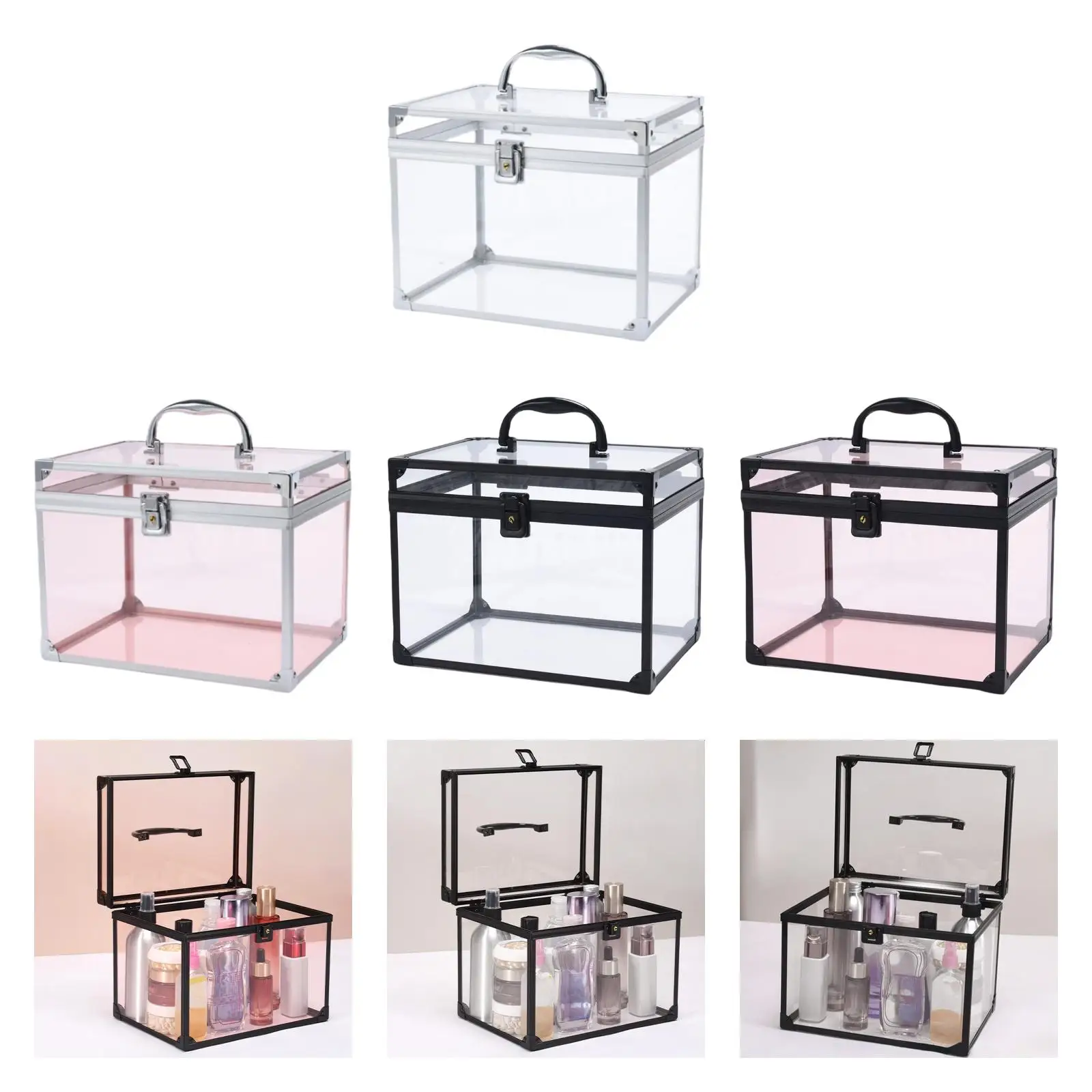 منظم المكياج، علبة عرض مستحضرات التجميل، صندوق تاج مقاوم للغبار، حقيبة سفر متعددة الوظائف من الأكريليك الشفاف مع مقبض لخزانة الملابس