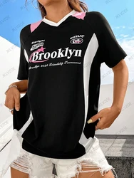 2025 Summer New Black Pink Brooklyn Print T-Shirt For Women V-Neck Short Sleeve Sports Football Jersey Y2K Loose Oversize Tops