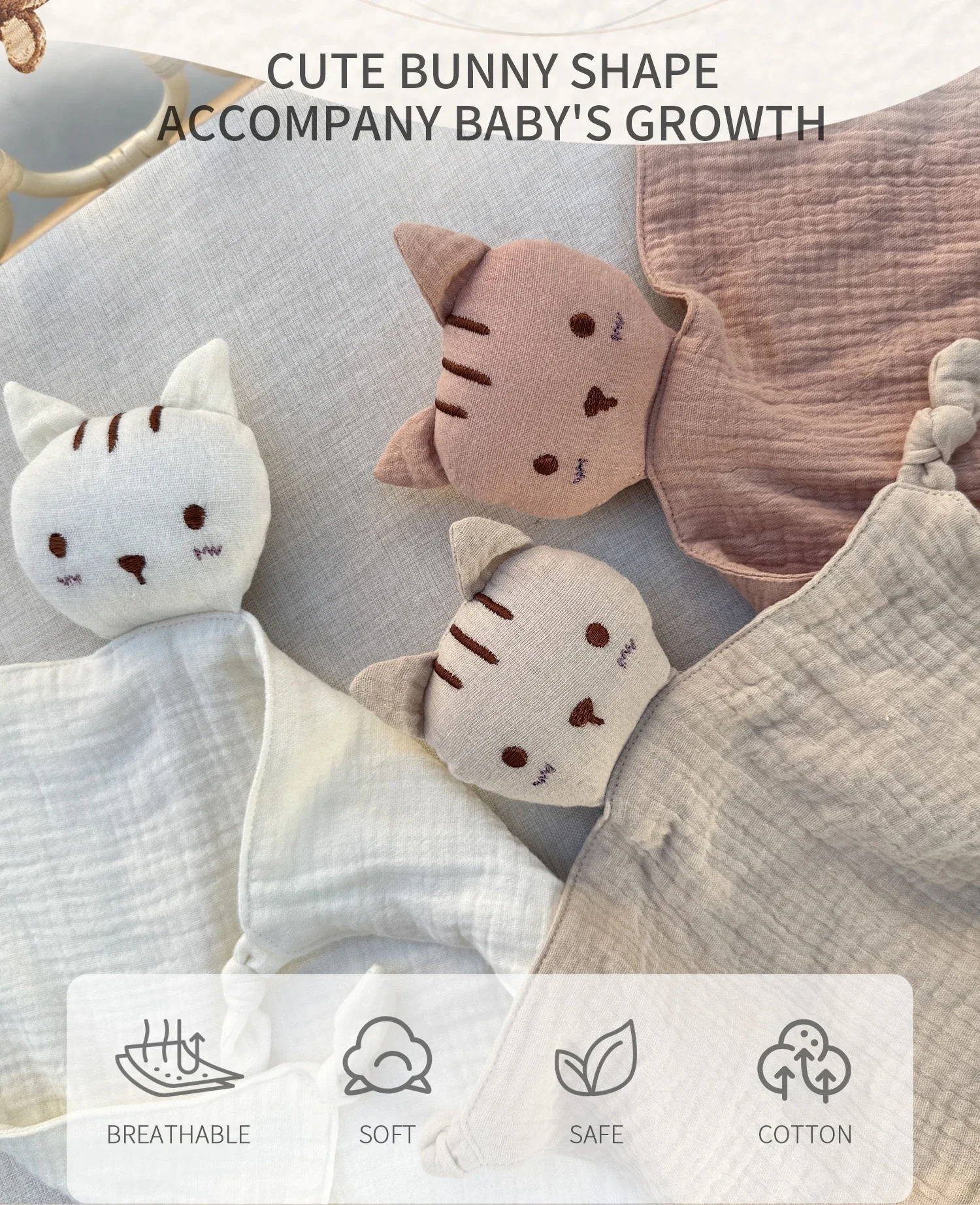 Soft 100% Cotton Muslin Baby Bib & Stuffed Cat Doll for Newborns –Soothing Security Blanket, Sleeping Cuddling Towel & Facecloth