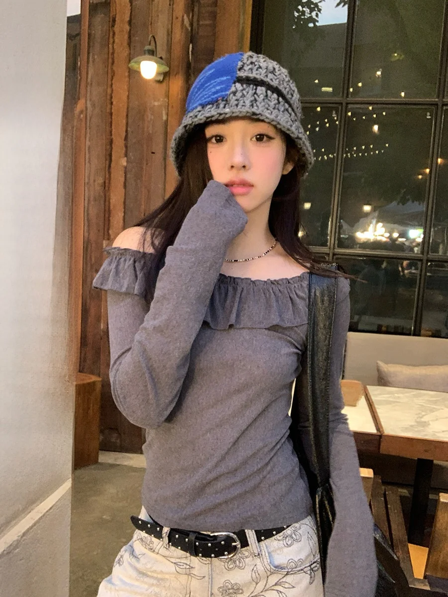 

Футболка Sinbounboun Petal с одним открытым плечом и длинным рукавом, укороченная, 2026, в стиле Light Maturity, солнцезащитная, женская, из хлопка и полиэстера