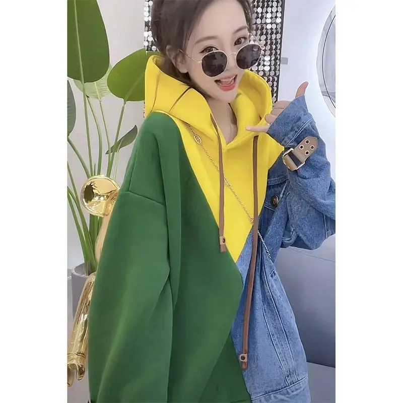 Imagem -03 - Denim Retalhos Hoodies Feminino Oversized Cabolsa com Capuz Primavera Outono Tendência Fina Solta Hoodie Moda Cor Contraste Topo Y2k Roupas