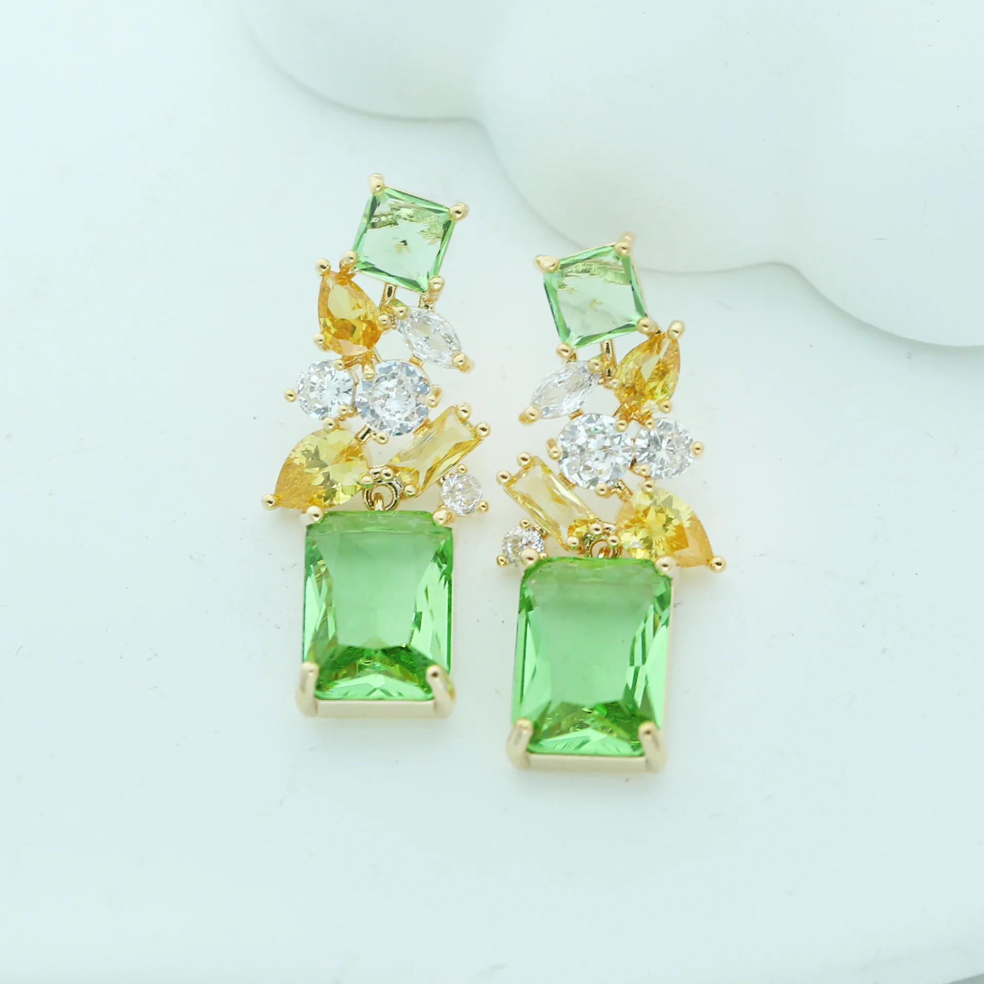 

925 Silver Luxury Multishape Green Gemstone Drop Earrings for Women, Gold Plated Cubic Zircon Dangle Earrings, Party Jewelry