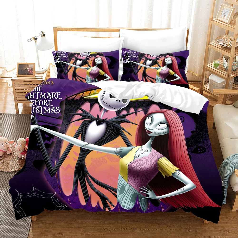 Nightmare Before Christmas kołdra pokrywa z poduszką pokrywa zestawy pościeli Jack i Sally 3D czaszka zestaw pościeli świątecznej dekoracja sypialni