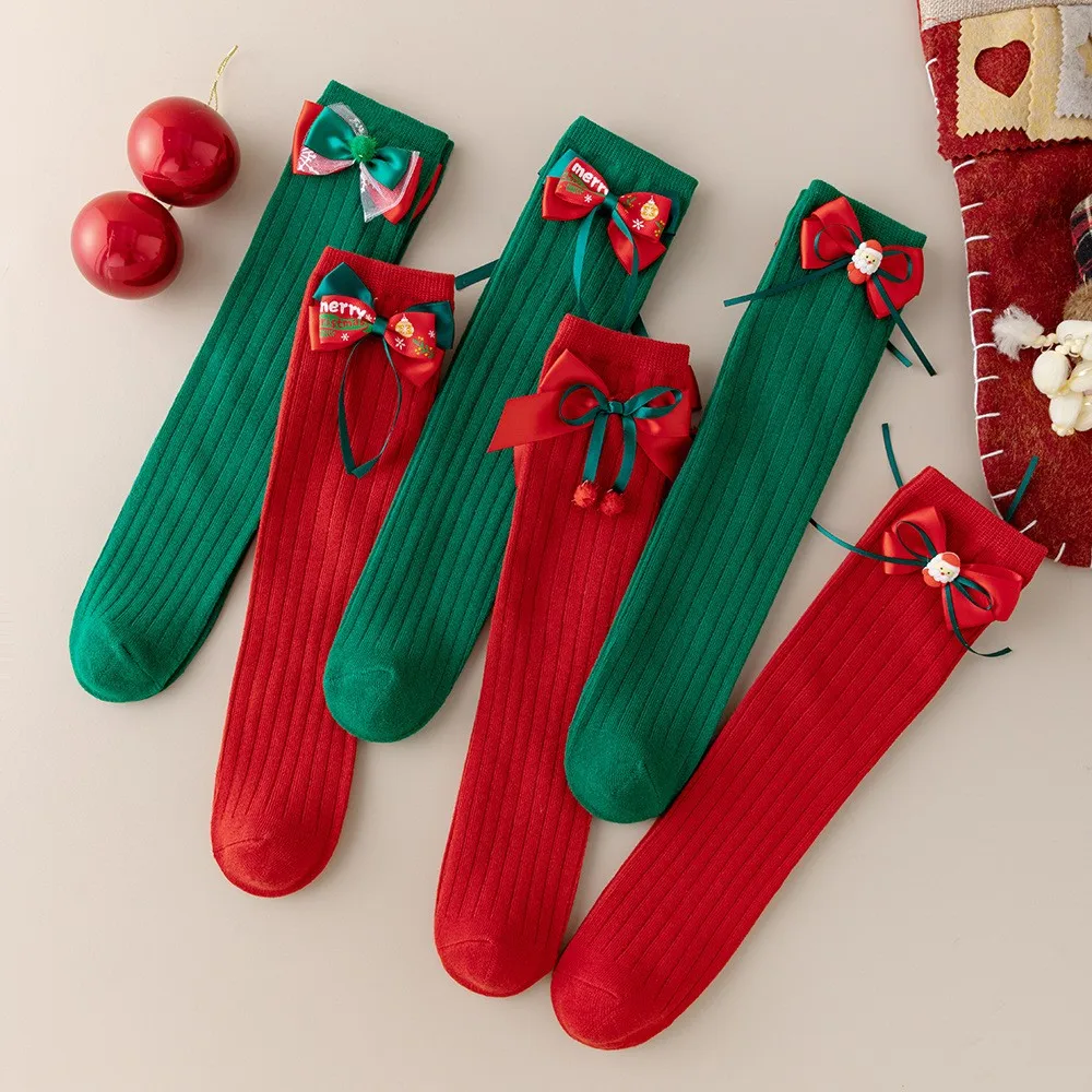 Children's socks autumn and winter bowknot red calf socks  girls' red cotton socks Christmas socks