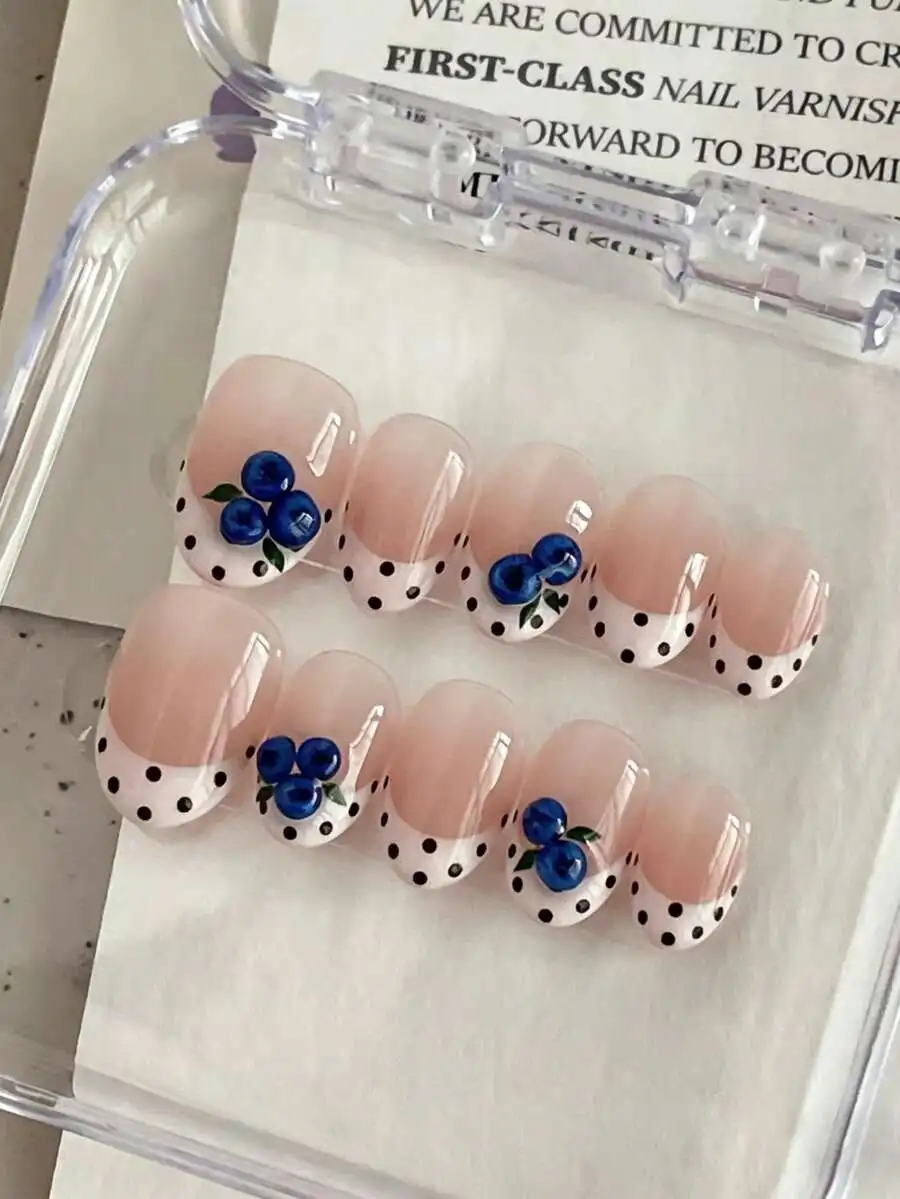 

10pcs handmade matte solid color nail stickers oval shape transparent nude pink base vintage polka dots cream white french tips