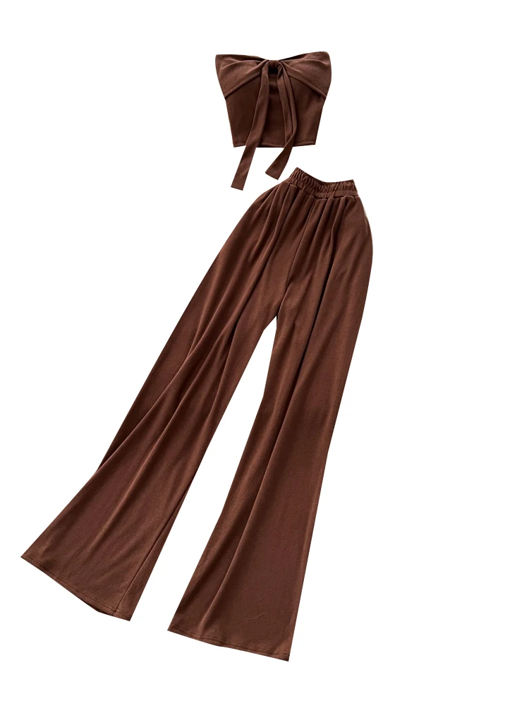 Set Celana Panjang High Waist Wide Leg Wanita dengan Atasan Bandeau Svel dan Rompi Kasual Berikat Model Drapey untuk Musim Panas