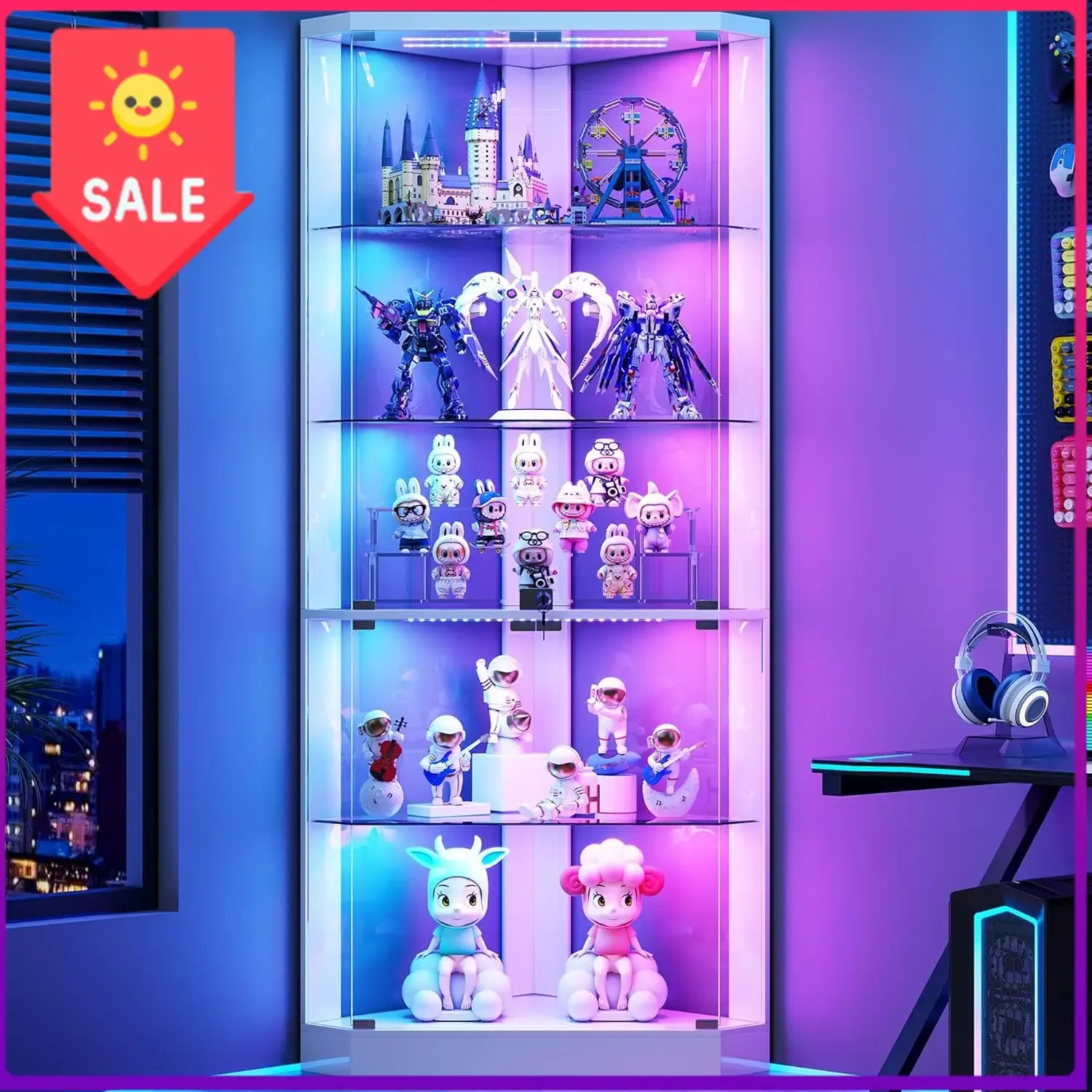 5-Tiers Corner Display Cabinet with RGB Lights for Collectibles, White | 69