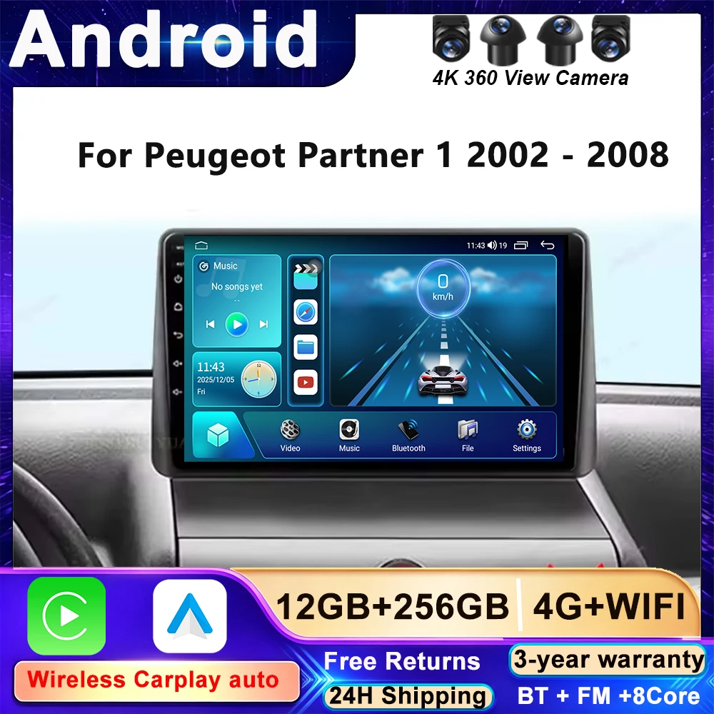 Android 16 Car Radio Carplay For Peugeot Partner 1 2002 - 2008 Partner Origin 1 2008-2011 Android Auto Multimedia Player Stereo