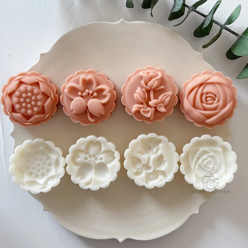 4Pcs/Set Flower Mooncake Mold Tulip Cherry Blossom Rose Lotus Pattern Stamps Fondant Plungers Pastry Tools Mid-Autumn Festival