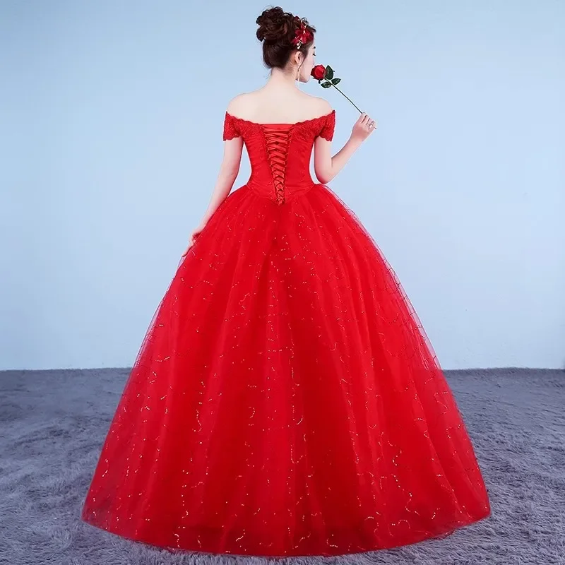 Cheap Wedding Dress Red Off the Shoulder Sequin Bling Tulle Princess Floor-length Lace up Plus size Simple Bride Ball Gown XN033