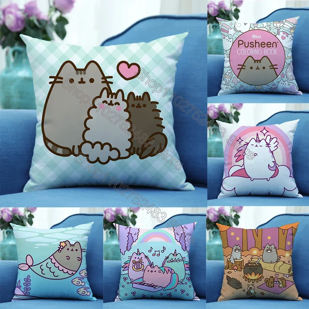 Pusheen Pillowcase Cute Cartoon Cat Print Pillowsli Bedroom Living Room Pillowsli Case Car Cushion 45X45cm Pillow Home Decor