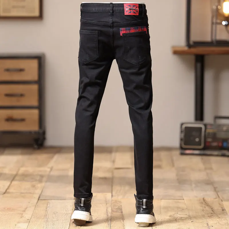 Street Fashion Vintage Men Jeans Black Elastic Stretch Skinny Fit Ripped Jeans Men Patched Designer Hip Hop Denim Pants Hombre